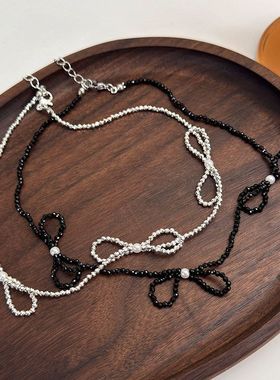 ins小众设计冷淡风暗黑色水晶蝴蝶结珍珠项链甜酷锁骨链设计配饰