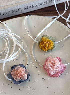 法式超仙烧边花朵系带项链绑带choker长款颈链海边度假风锁骨链女