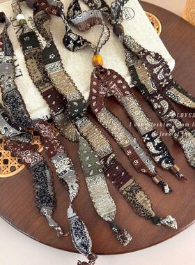 复古腰果花布艺丝巾项链早秋氛围感长款可抽拉叠戴毛衣链时尚配饰