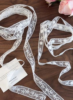 小众意式古董蕾丝雏菊簇草元素细窄长条丝巾飘带chocker丝巾绑发