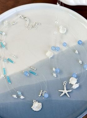 夏日海边度假风蓝色水晶玻璃珠鱼线三股海洋项链简约百搭拍照配饰