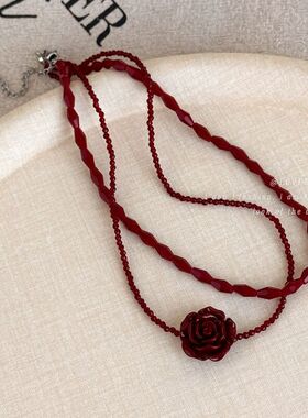 复古法式红色玫瑰花双层叠戴项链女小众设计感choker颈链锁骨链潮
