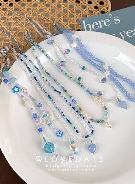 蓝色系手工彩色串珠项链女夏百搭叠戴水晶辣妹锁骨链简约T恤颈链