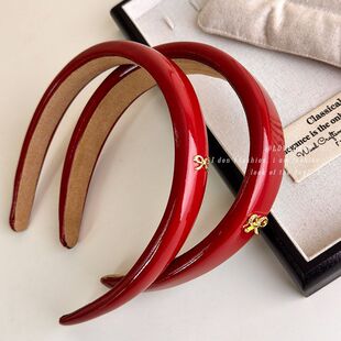 显白王者复古红色pu皮质蝴蝶结海绵发箍女宽边高颅顶压发洗脸头箍