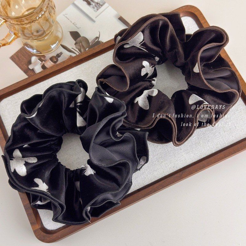 法式秋冬丝绒印花蝴蝶双层大肠发圈女气质超大丸子头马尾头绳头饰