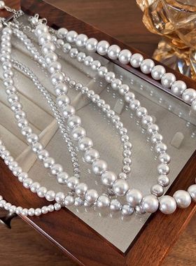 复古灰色珍珠项链倪妮同轻奢小众毛衣锁骨链简约灰珍珠颈链配饰潮