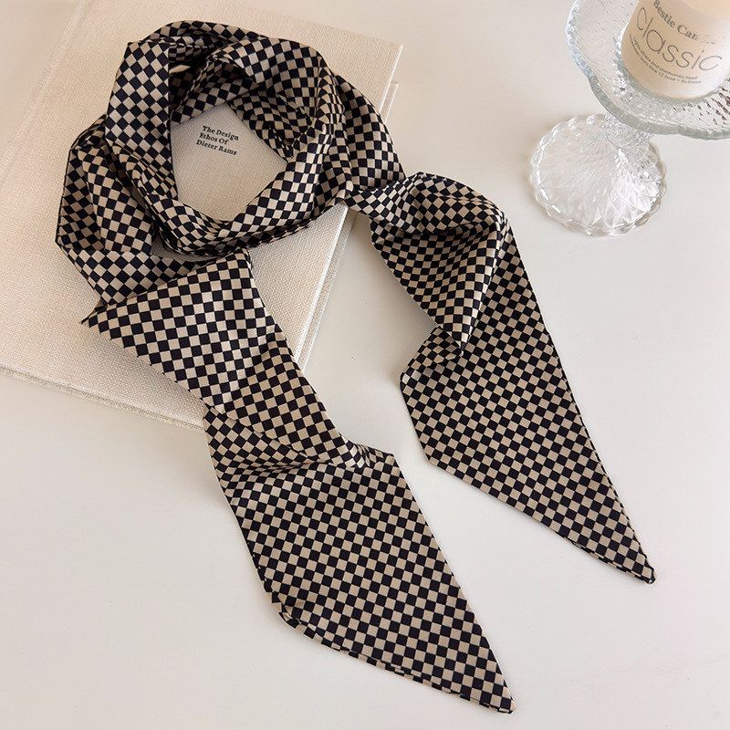 韩系简约黑白格子丝巾高级感丝带发带绑包飘带围巾长条领巾系围脖