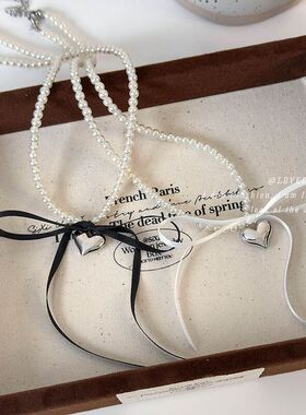 明星同款立体金属爱心丝带蝴蝶结珍珠项链小众设计个性时尚锁骨链