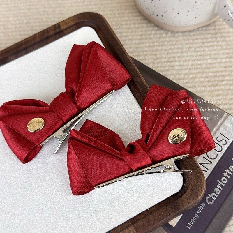 新年红色公主头缎面蝴蝶结刘海夹女前额边夹侧边鸭嘴夹小夹子头饰