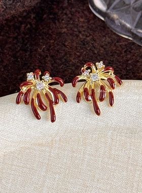 新款红色烟花锆石耳环秋冬好看独特小众耳钉2025爆款轻奢高级耳饰