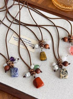 复古民族风简约几何石头吊坠项链木珠线绳抽拉式编织长款毛衣链