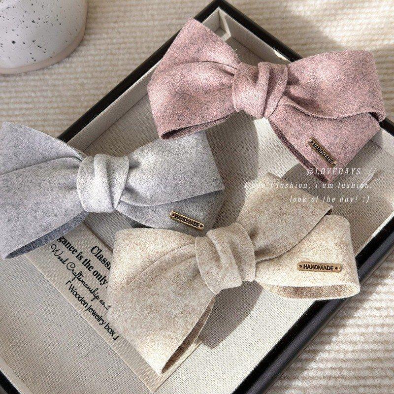 韩版秋冬发饰时尚气质百搭软糯绒面布艺纯色蝴蝶结发夹弹簧夹顶夹