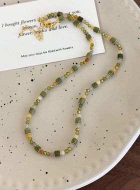 复古小众绿色系精致天然石串珠项链春夏新款新中式锁骨链颈链配饰