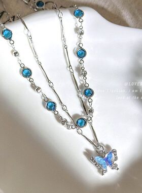 度假风海边蓝色双层蝴蝶项链女轻奢小众精致颈链锁骨颈链叠戴配饰