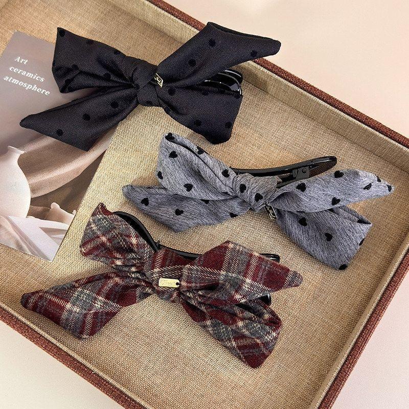 日韩ins爱心波点毛呢格纹蝴蝶结金标后脑勺盘发夹扎马尾横夹发夹