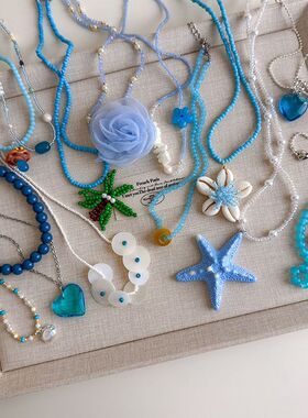 蓝色系串珠贝壳项链女度假风设计感颈链夏日多巴胺锁骨链甜美配饰