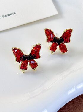 复古红色水晶蝴蝶耳环2025新款爆款安可拉耳饰高级轻奢气质耳钉女
