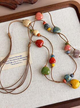 彩虹糖果~陶瓷爱心锁骨链女夏天多巴胺双层叠戴项链日常百搭配饰