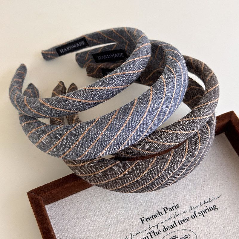 早秋气质简约细条纹麻格发箍百搭外出高颅顶头箍女复古压发发卡