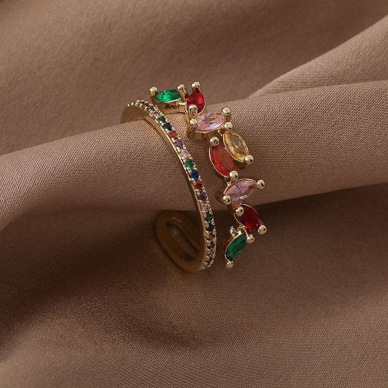 微镶彩色锆石戒指欧美流行时尚复古奢华金色金属叠戴开口指环手饰