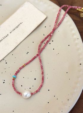 小众法式浪漫气质锁骨颈链红色石头珍珠串珠项链颈链春夏百搭配饰