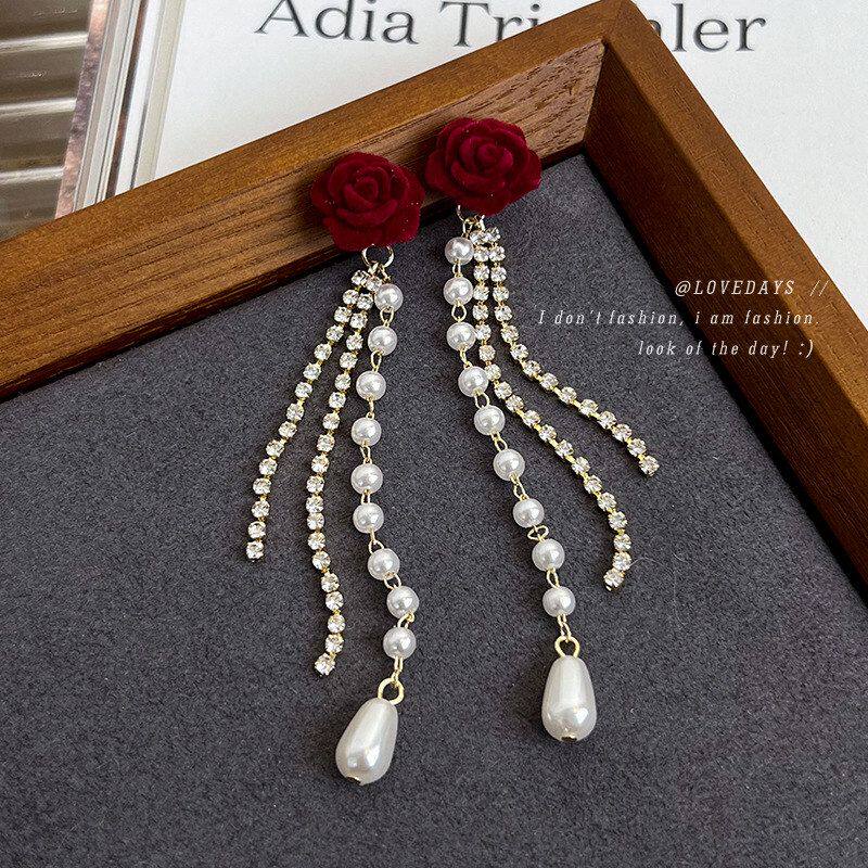 山茶花流苏耳钉~红色丝绒长款耳环玫瑰2026年新款时尚感珍珠耳饰