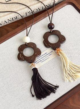 复古木质椰壳镂空花朵流苏项链女2026新款小众设计长款毛衣链配饰