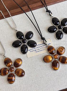 欧美风个性百搭长款项链毛衣链甜酷辣妹新款树脂花瓣花朵吊坠项链