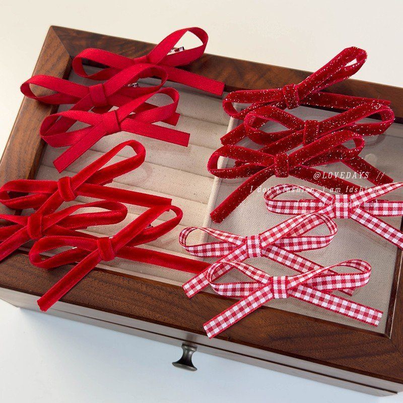 秋冬丝绒红色蝴蝶结发夹发卡子大红元旦新年喜庆发饰公主头发卡女