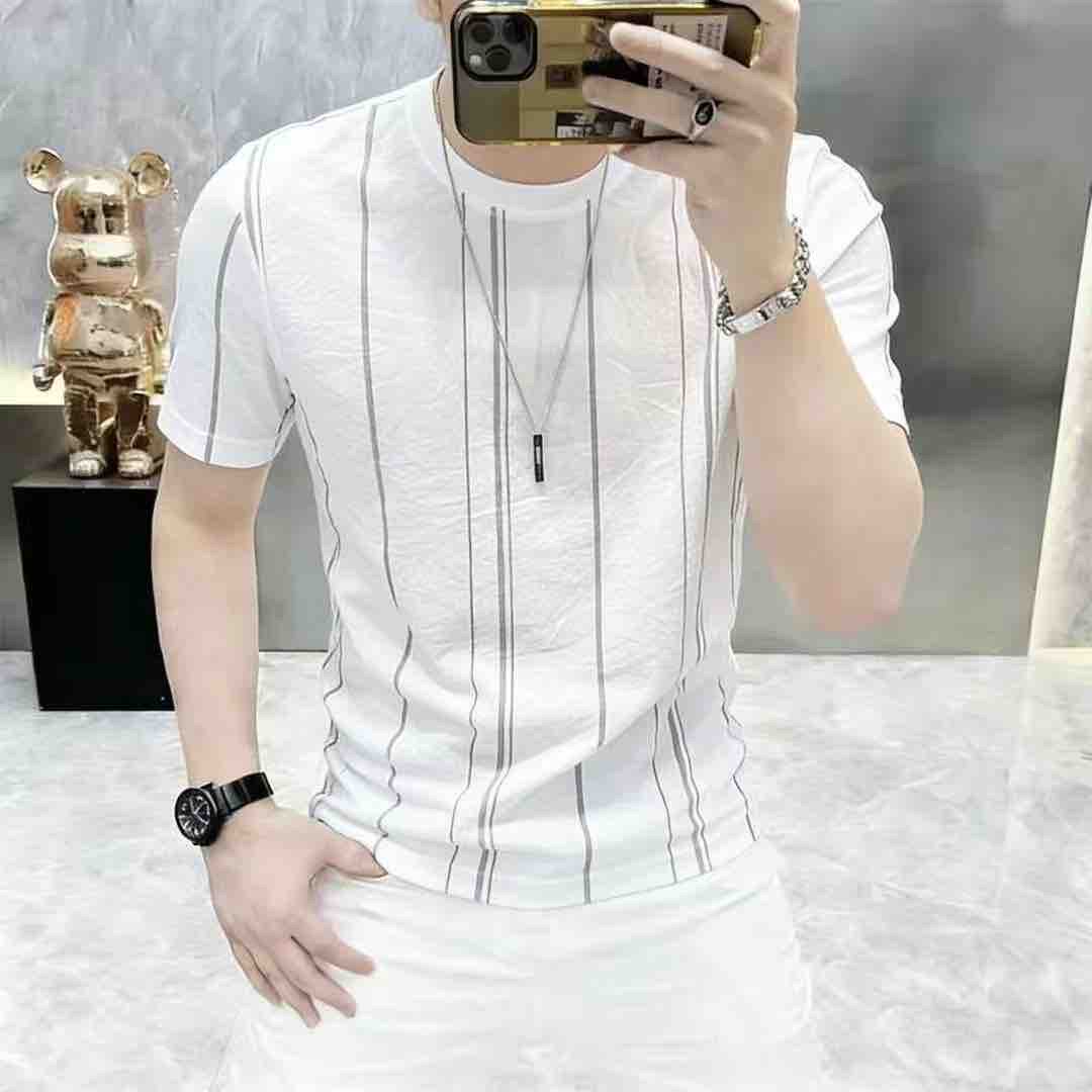 2026新款夏季条纹圆领男士短袖时尚半袖百搭轻奢T恤潮男休闲上衣