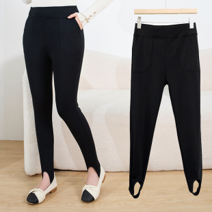 萱菊新款口袋带兜高腰踩脚蹬套棉裤打底裤厚实防风光面弹力大锦纶