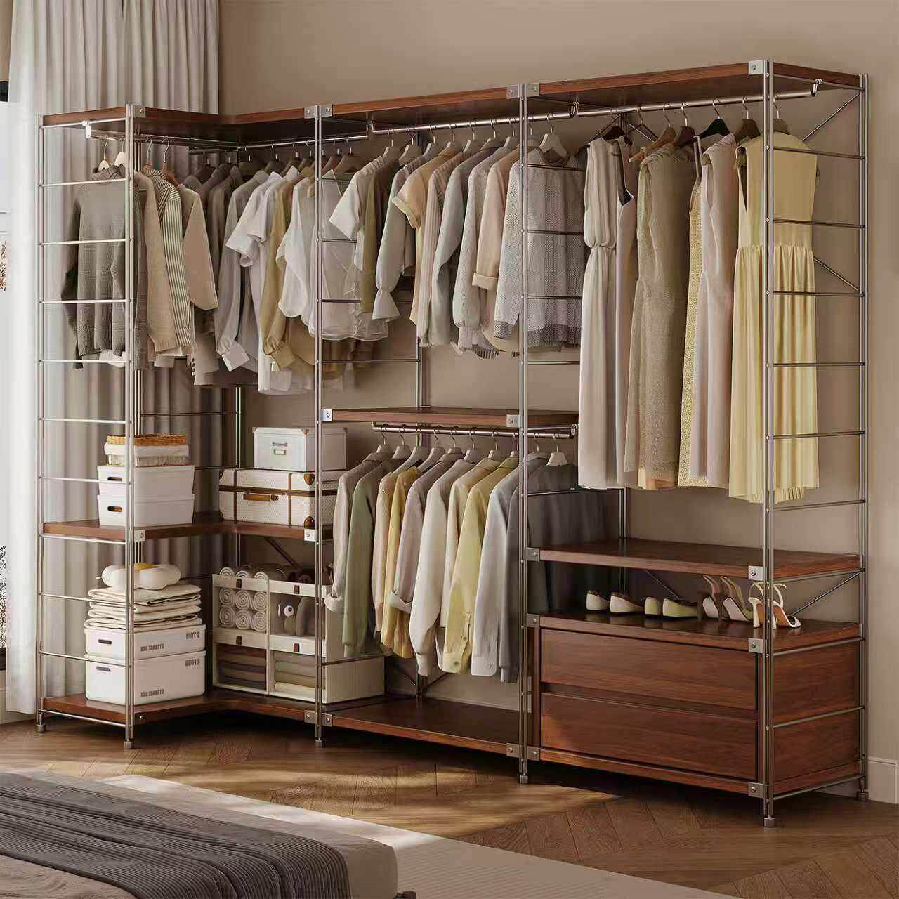 中古风简易衣柜卧室家用开放式挂衣架子落地转角组合一体靠墙收纳