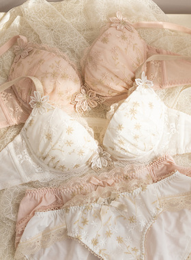 日系低鸡心雪纺纱薄款刺绣星星文胸套装聚拢侧收少女内衣胸罩