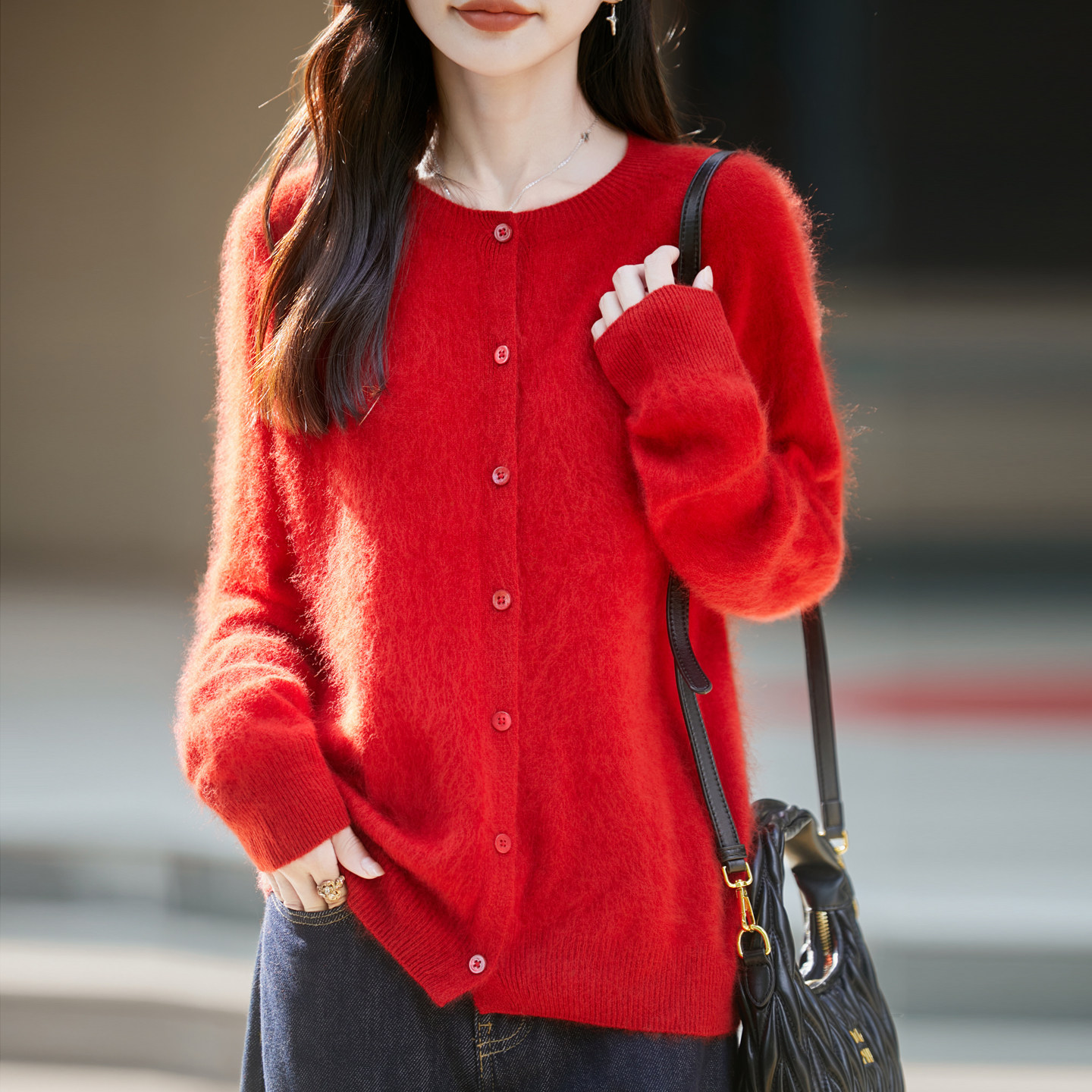 纯羊毛衫拉绒慵懒风绿色圆领开衫女百搭毛衣外套宽松针织衫