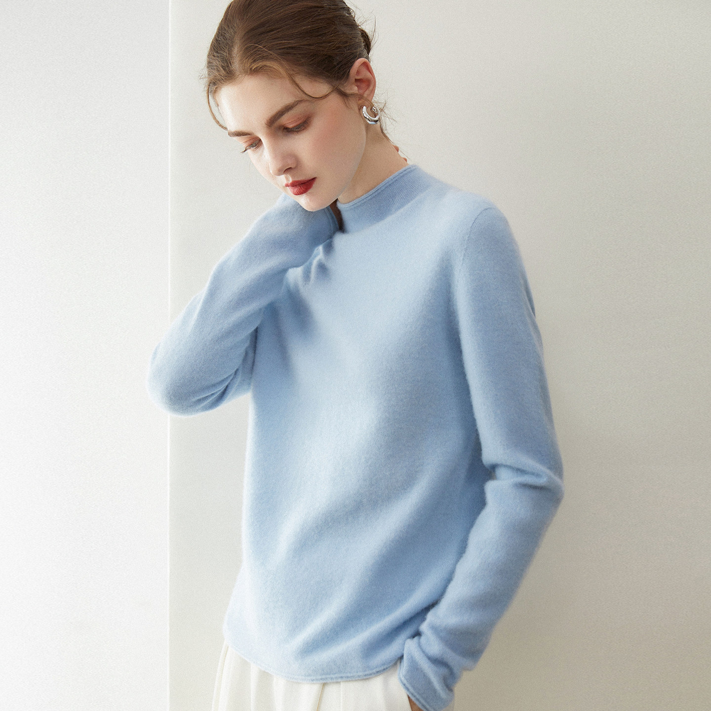 卷边半高领100%纯山羊绒衫女秋冬百搭针织衫宽松软糯长袖内搭毛衣