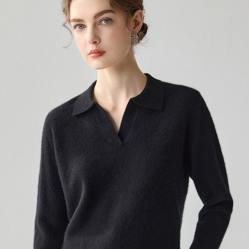 休闲减龄风100%纯山羊绒衫女简约polo翻领亲肤宽松针织打底衫毛衣