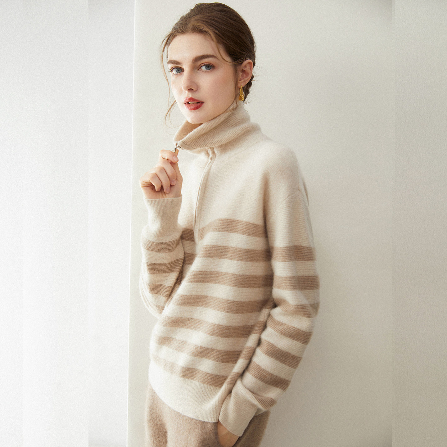 半拉链高领100%纯山羊绒衫女秋冬条纹保暖加厚针织毛衣宽松打底衫