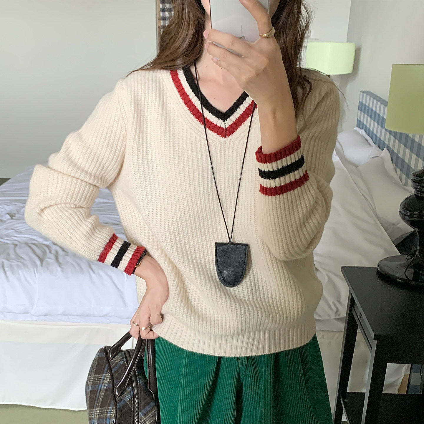 慕琳珊学院风撞色纯羊毛衫女毛衣