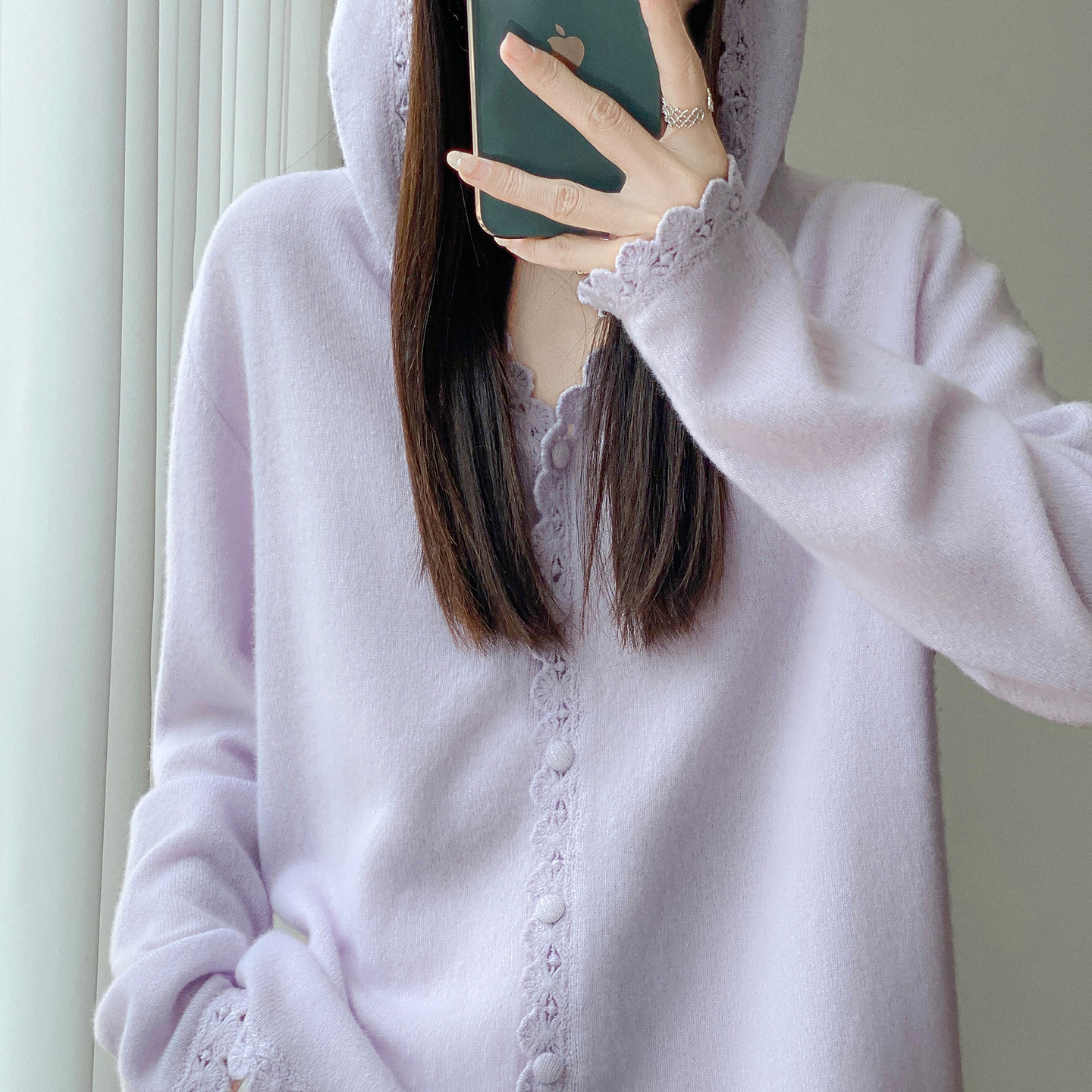 花边100%纯羊毛开衫连帽女毛衣秋冬款宽松羊绒针织打底衫帽衫外套