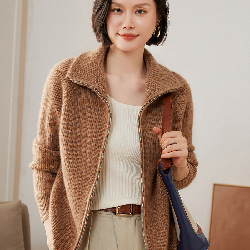 秋冬款山羊绒开衫女翻领拉链毛衣外套加厚高领羊毛针织衫女装宽松