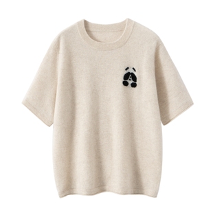 秋冬春打底背心T恤衫 熊猫提花100%纯山羊绒衫 女圆领休闲百搭短袖