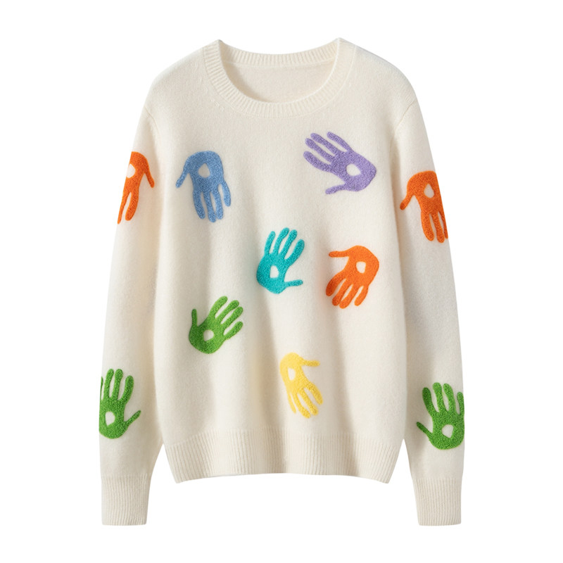 秋冬季新款100%纯山羊绒衫女圆领彩色手印针织衫减龄气质毛衣上衣,女装/女士精品,羊绒衫,淘宝优惠券,粉丝福利购,淘宝优惠卷