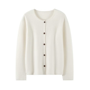 气质宽松~100纯山羊绒衫女白色卷边圆领毛衣外套2025秋冬新针织衫