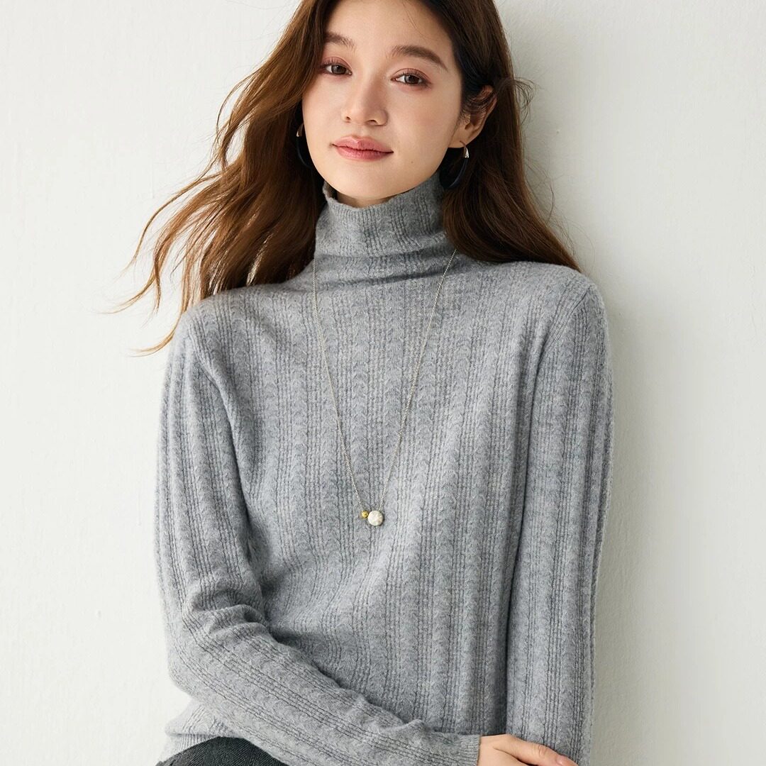 软糯高领坑条山羊绒衫女长袖修身百搭保暖针织灰色毛衣显瘦秋冬新