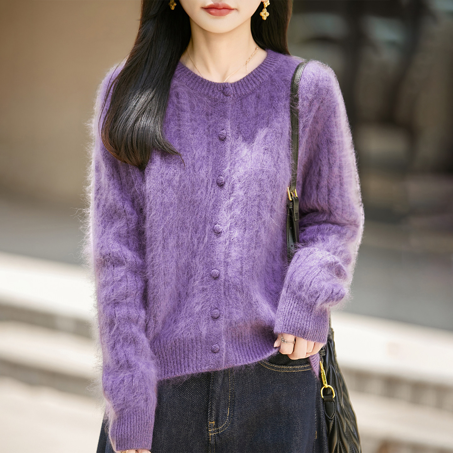 温柔定义 山羊绒针织开衫外套女气质绞花桑蚕丝圆领上衣