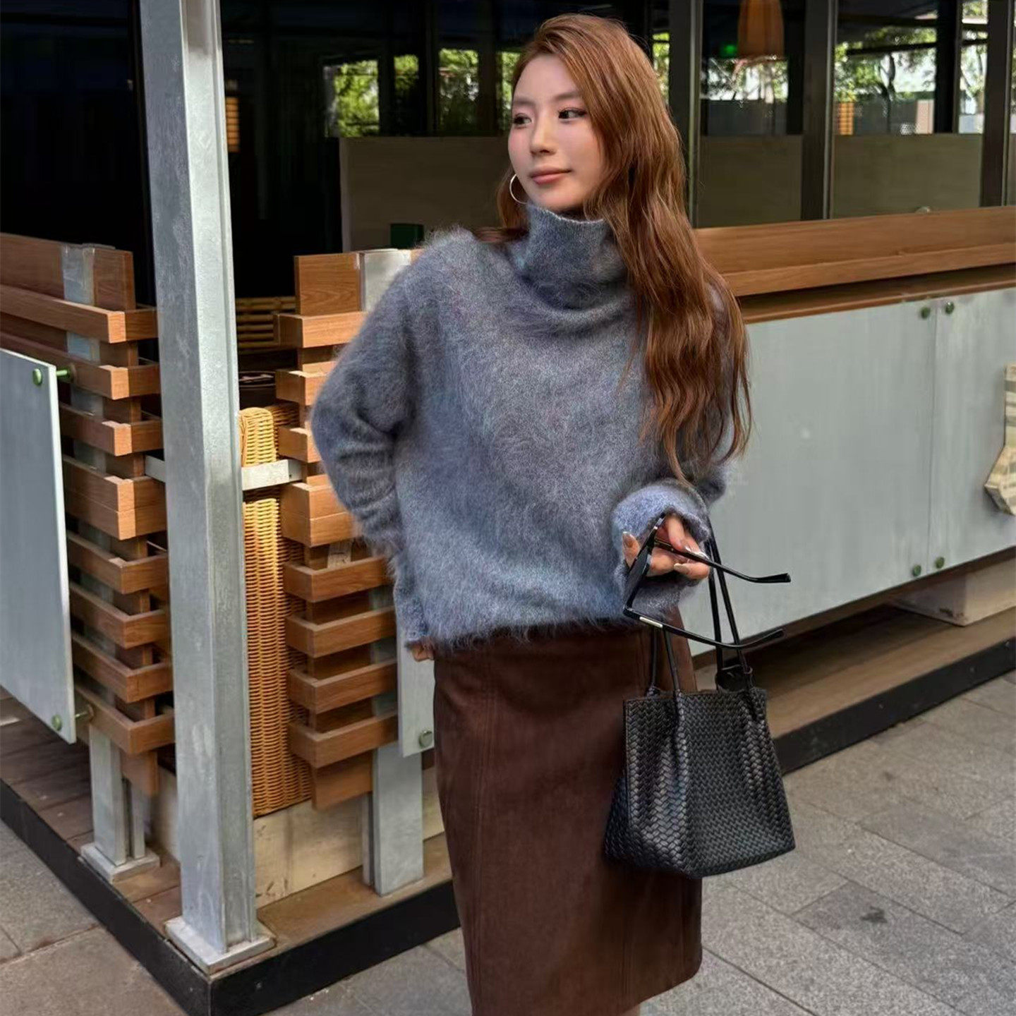 高领拉绒5%山羊绒衫毛衣女秋冬宽松加厚花边袖针织衫拉毛羊毛衫