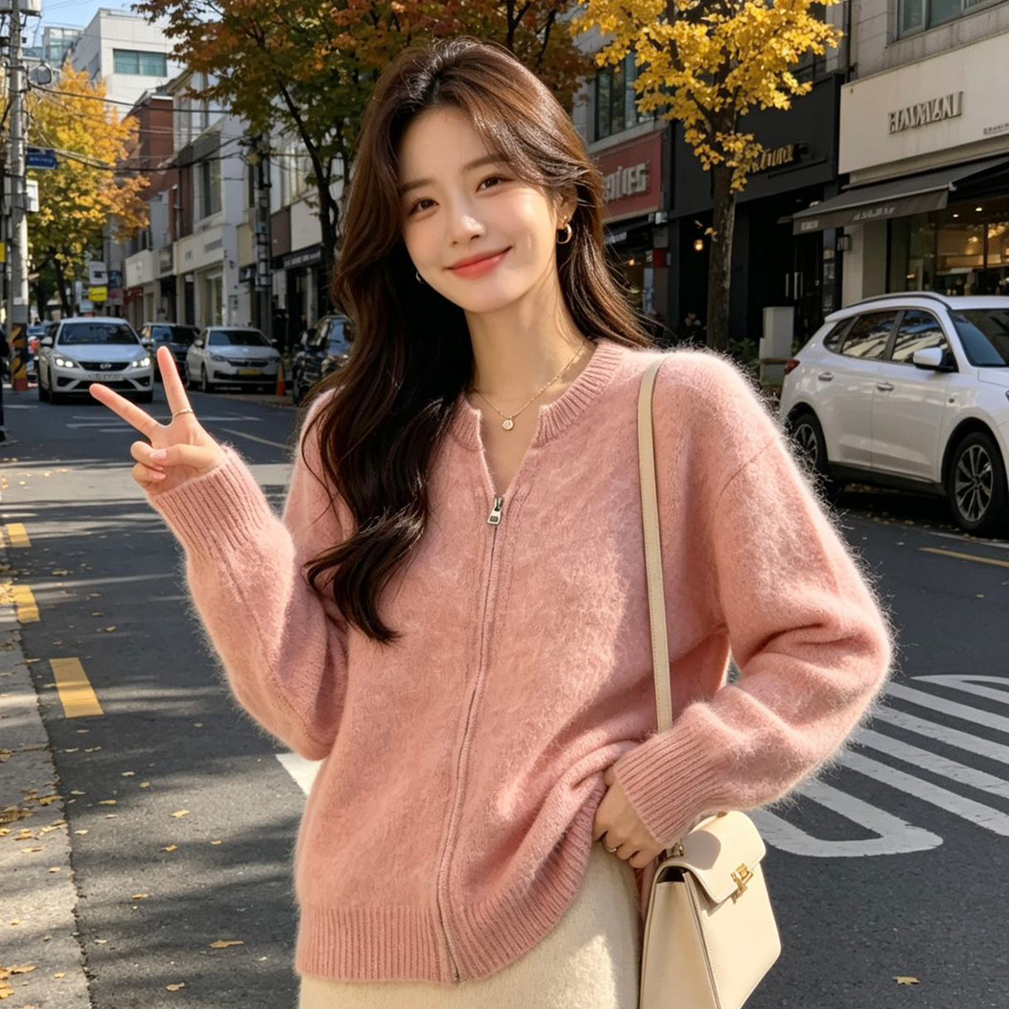 拉绒5%山羊绒衫拉链针织开衫女秋冬宽松毛衣外套加厚上衣羊毛拉毛