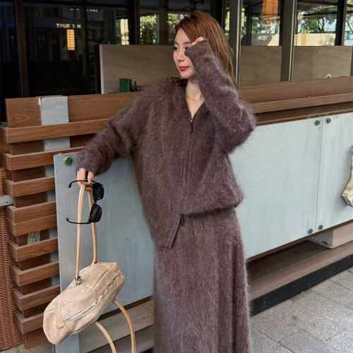 秋冬5%山羊绒衫拉绒羊毛衫女连帽双拉链开衫宽松加厚针织外套拉毛
