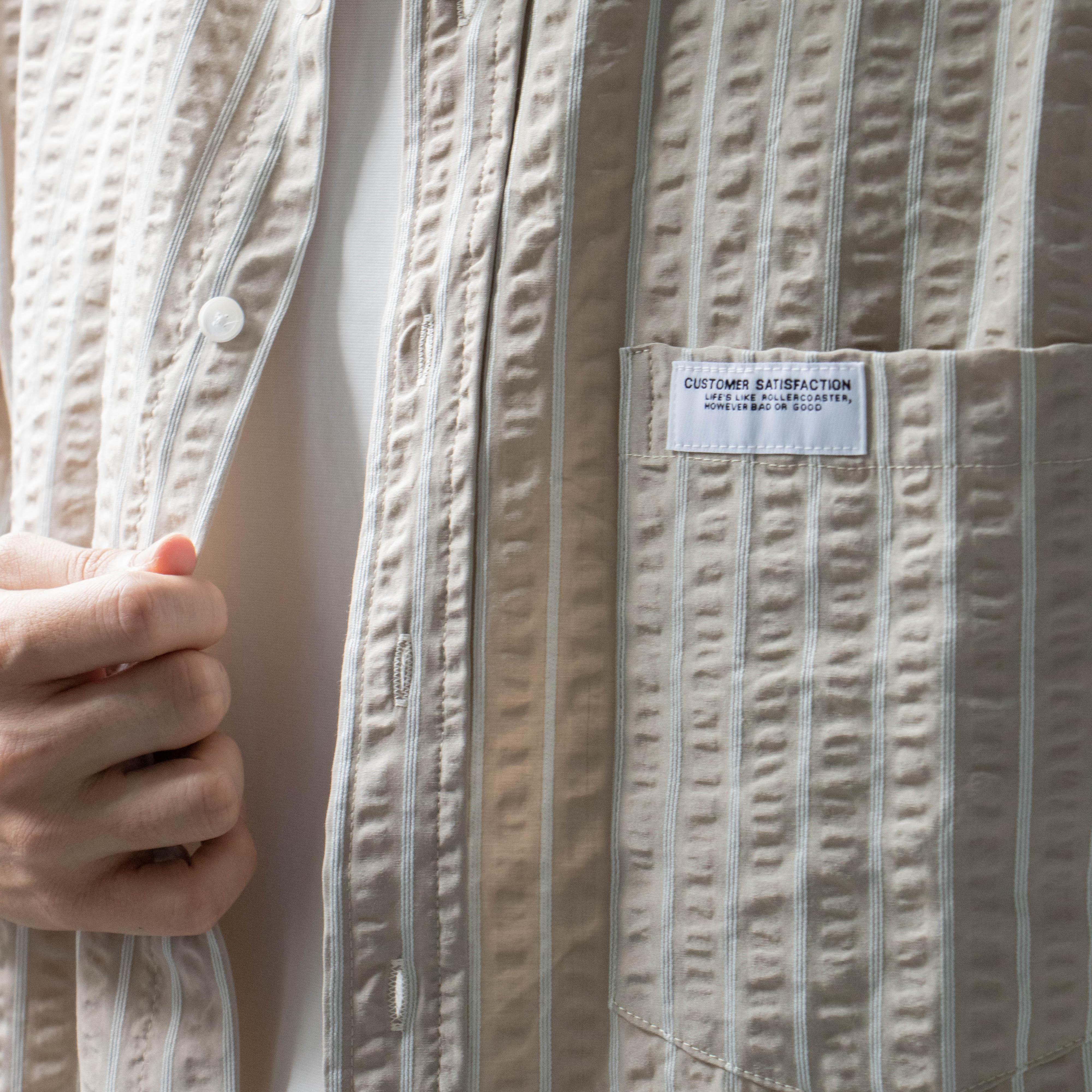 【川迹叠】泡泡纱假两件叠穿细条纹夏季休闲宽松短袖衬衫男