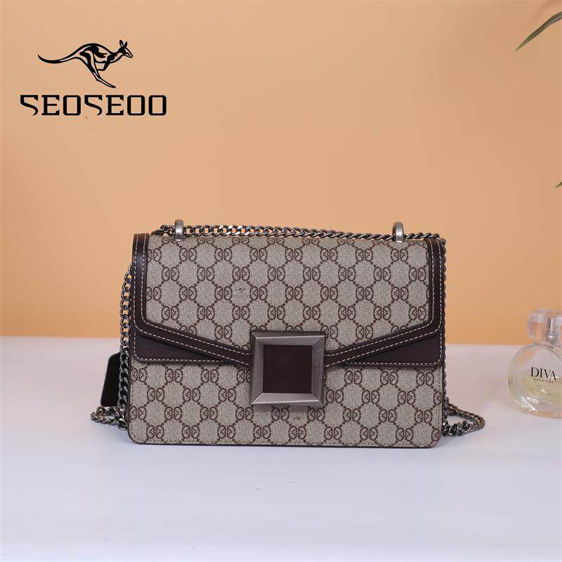 袋鼠女包经典复古印花小方包送礼物单肩斜挎包真皮链条包大容量潮